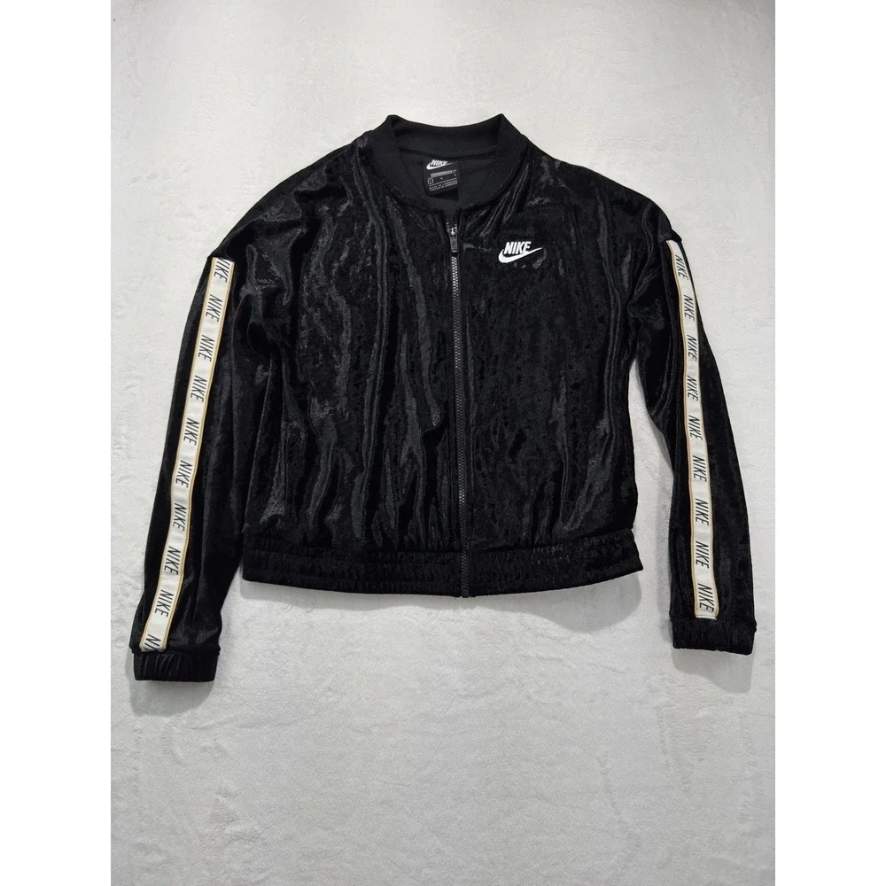 Nike Track Jacket Womens Large Black Velour Full Zip Logo Tape Sleeves Swoosh